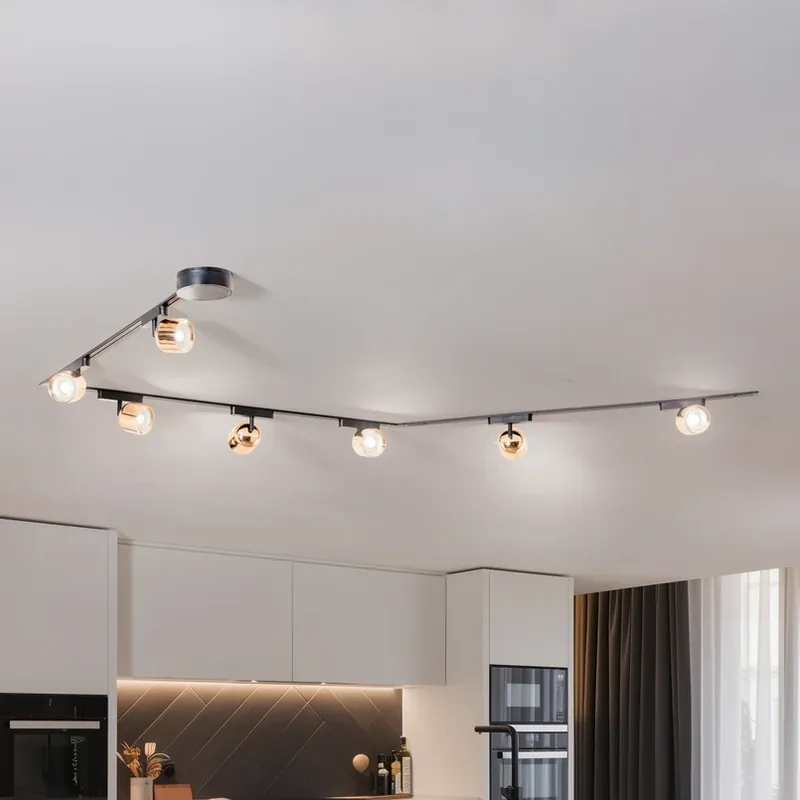 Lage Prijs Lumaro railsystem, spots, 7-lamps, goud, Ø8cm,48V,dimbaar