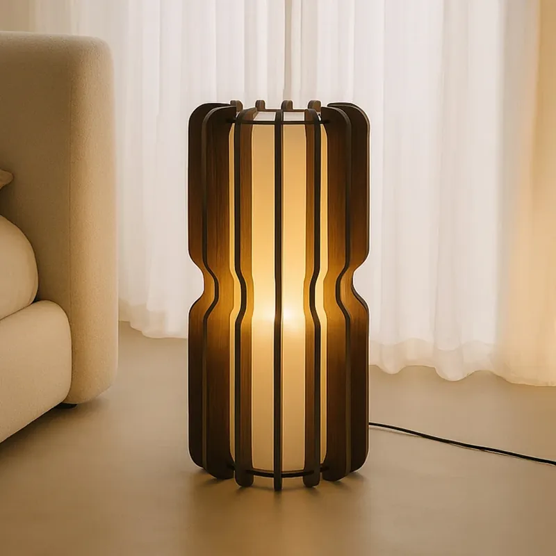 Lucande vloerlamp Juneta, 75 cm, bruin, hout, textiel Nu Kopen