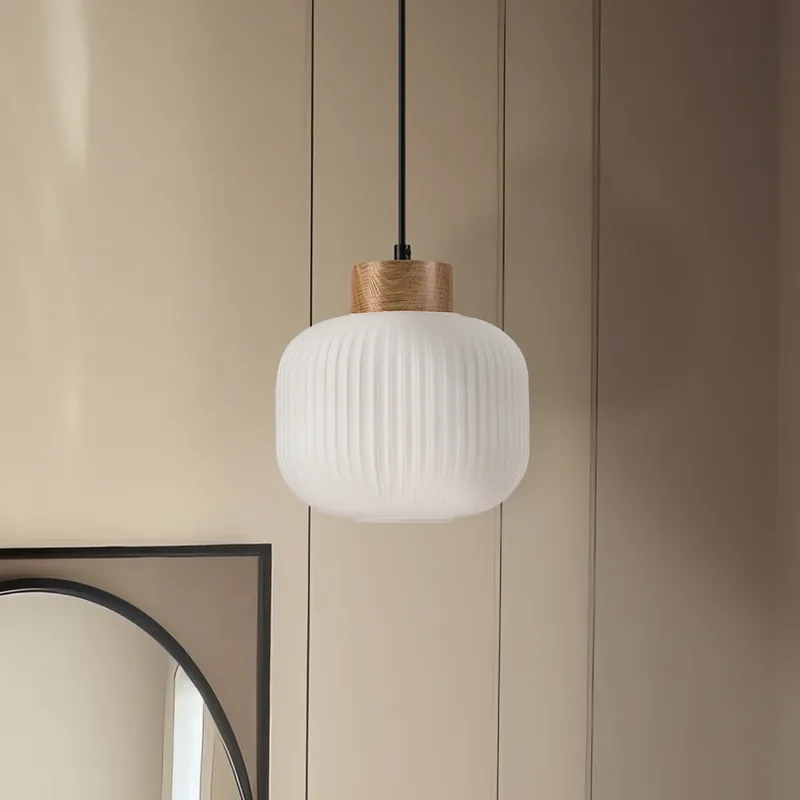 Superprijs Harmony hanglamp, Ø 20 cm, opaal glas, eikenhout, E27