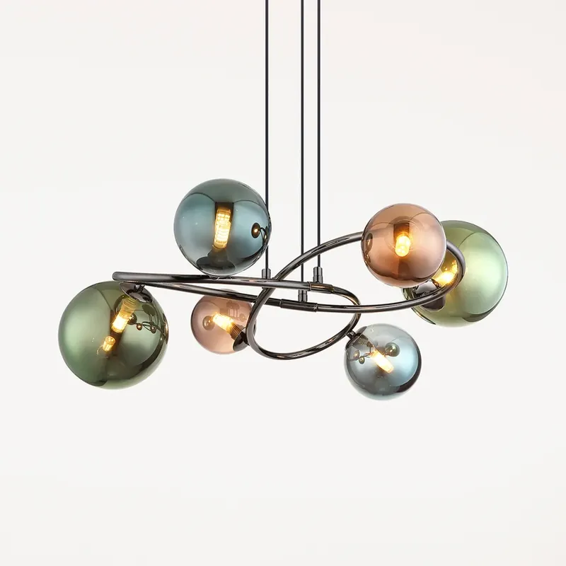Beperkt Aanbod Hanglamp Riha, Ø 65 cm, bont, glas/metaal, 6-lamps.