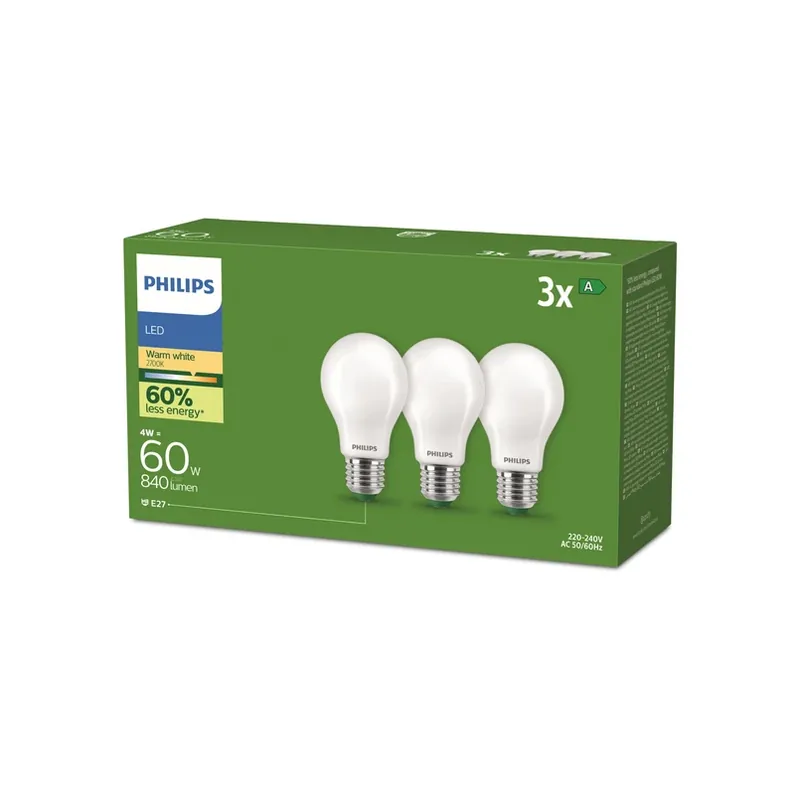 Koop Online Philips E27 LED lamp A60 4W 840lm 2700K mat 3-pack