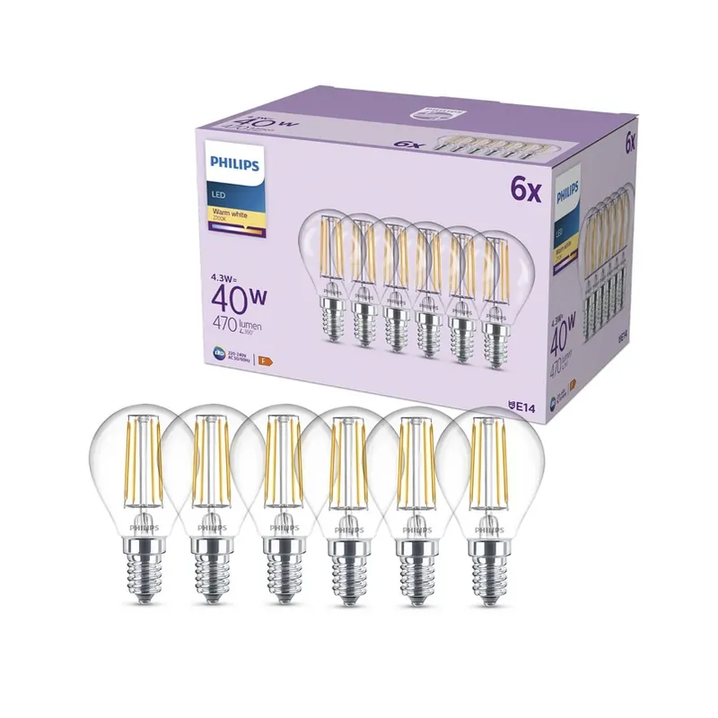 Philips LED lamp E14 P45 4,3W 470lm 2700K filament 6-pack Koop Online