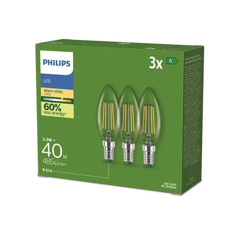 Op = Op Philips LED lamp E14 B35 2,3W 485lm 2700K filament 3-pack