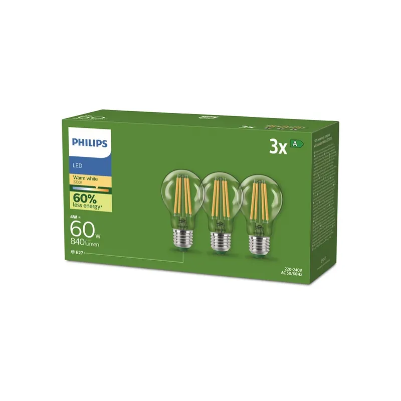 Actieprijs Philips E27 LED lamp A60 4W 840lm 2700K filament 3-pack