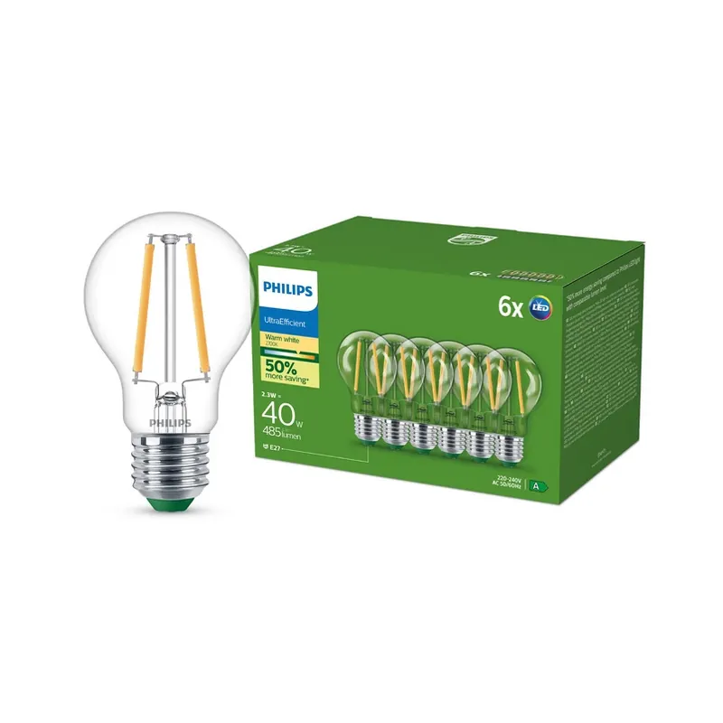 Bestel Nu Philips LED lamp E27 A60 2,3W 485lm 2700K filament 6-pack