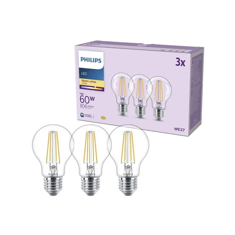 Gecertificeerd Philips LED lamp E27 A60 7W 806lm 2700K filament 3-pack