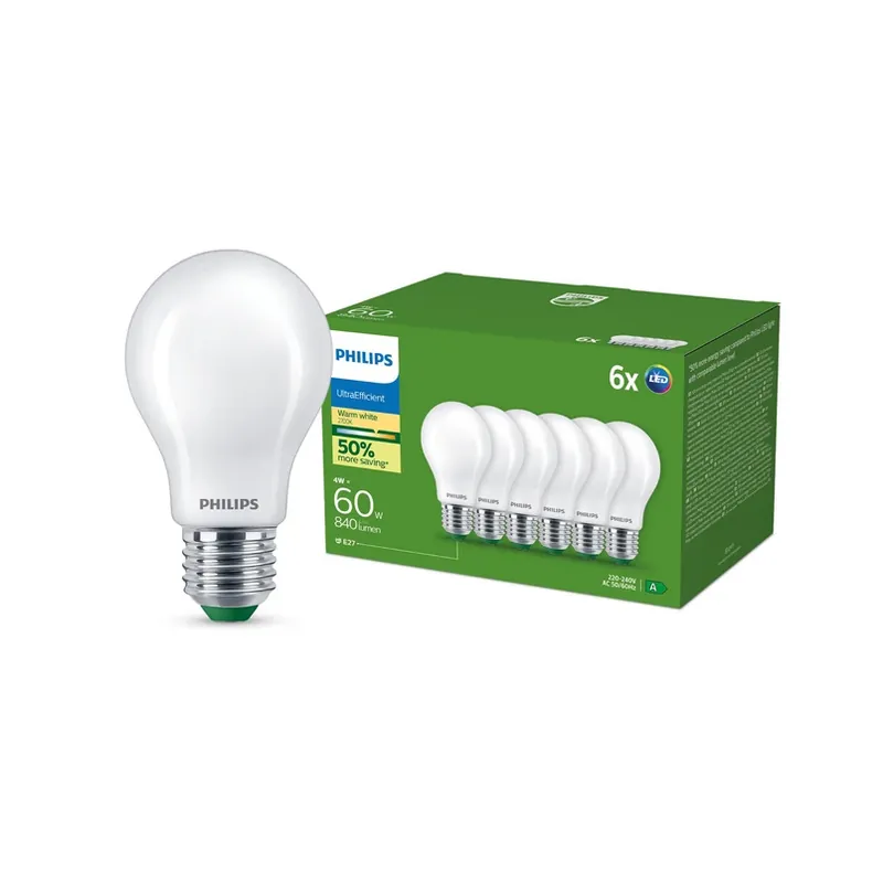 Philips E27 LED lamp A60 4W 840lm 2700K opaal 6-pack Meest Verkocht