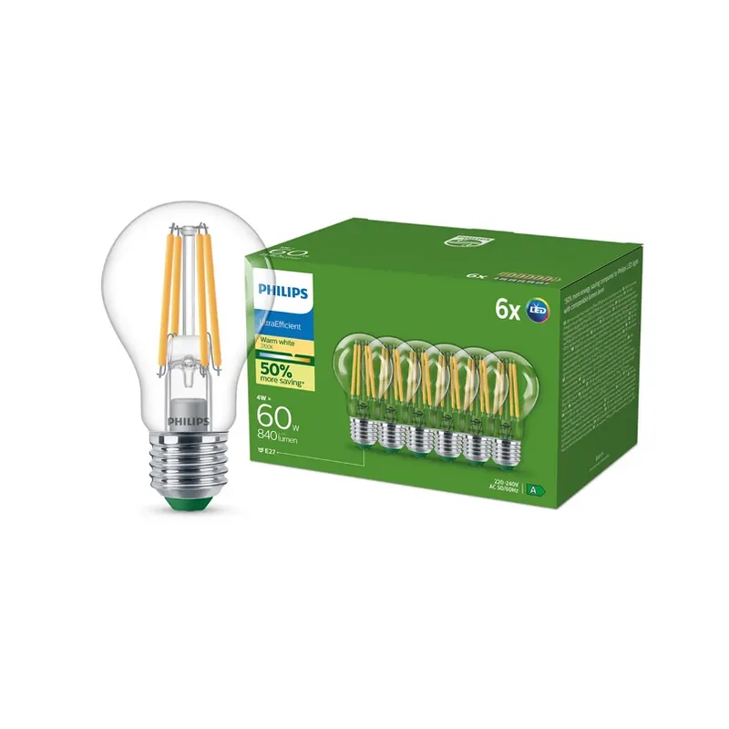 Hete Deal Philips E27 LED lamp A60 4W 840lm 2700K filament 6-pack