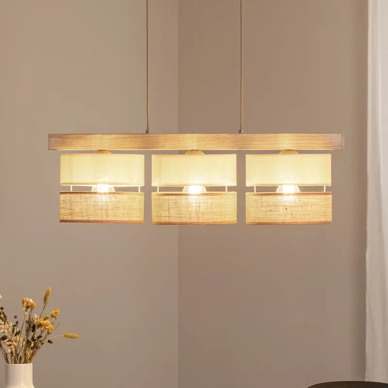 Alleen Vandaag Hanglamp Treeon, 3-lamps, hout, jute, naturel/ecru