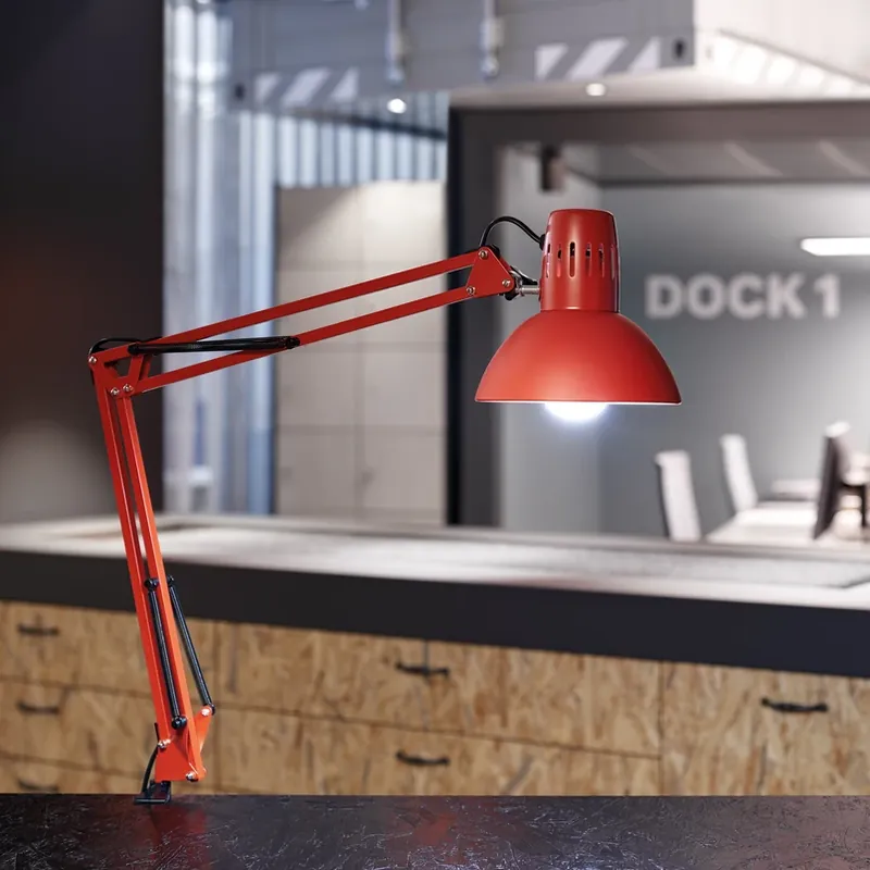 Lage Prijs LED klemlamp MAULstudy, rood, staal, hoogte 44 cm, E27