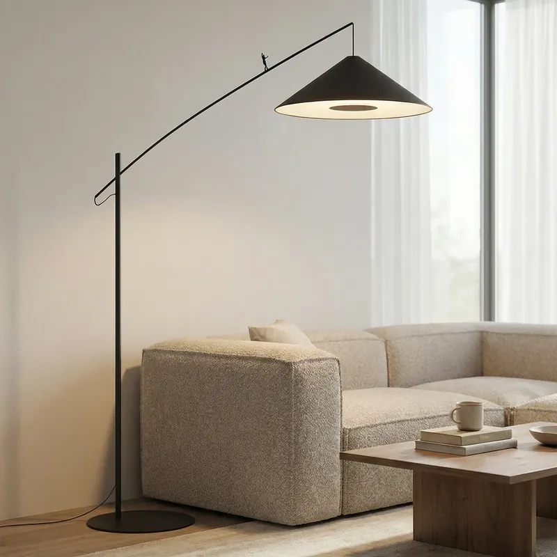 Beperkt Aanbod Booglamp Poise, zwart, staal, textiel, uitsteeklengte 260 cm