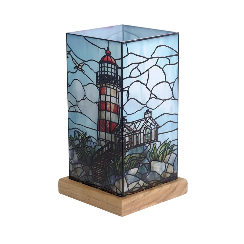 Op = Op LED tafellamp Art Light vuurtoren, houten voet, acryl, kleurrijk