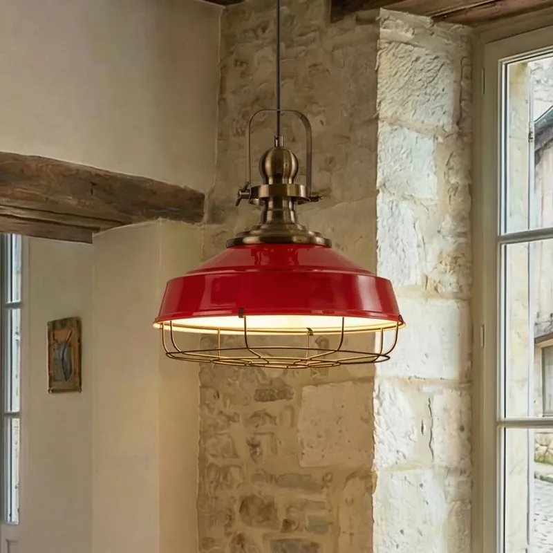 Premium Hanglamp Astel, rood, Ø 41 cm, metaal, antiek messing detail