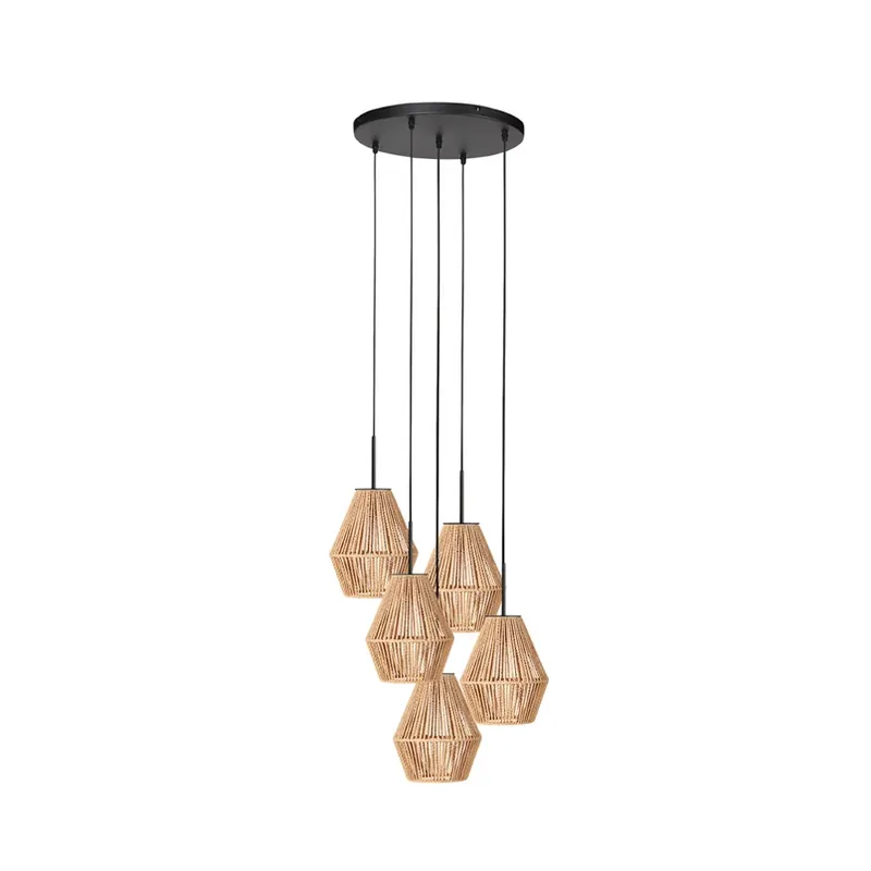 Rechtstreeks Van De Fabrikant Hanglamp Ropex 4526, 5-lamps, rond, zwart, kabel bruin