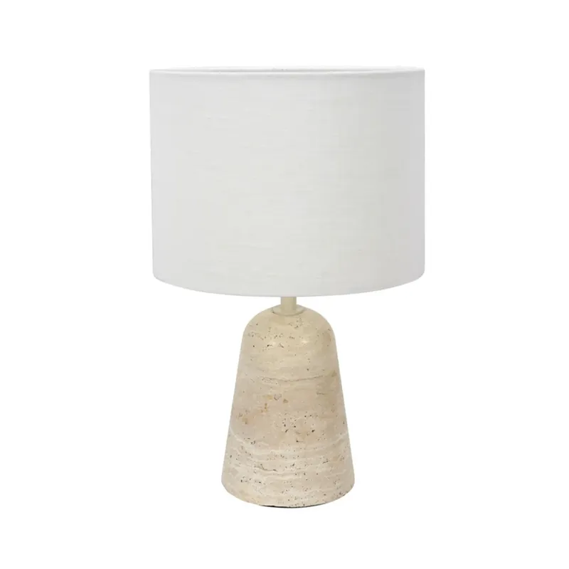 Tafellamp Travino, hoogte 34 cm, travertijn, linnen, E27 Op = Op