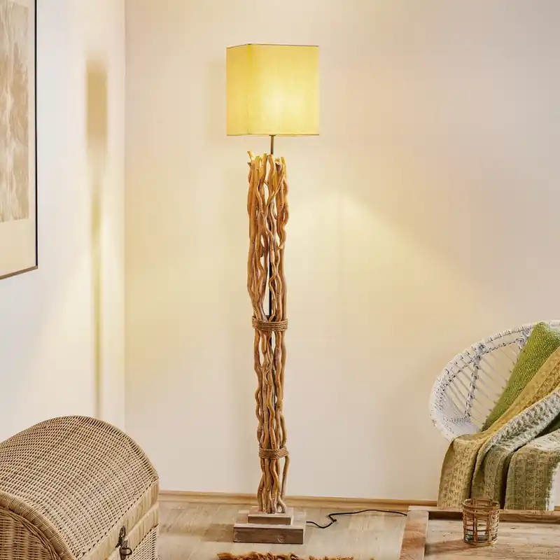 Beperkte Voorraad Vloerlamp Marica met stoffen kap en houten element
