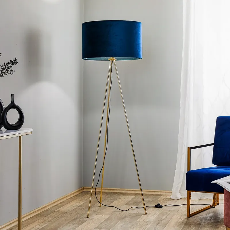 Goedkoop Vloerlamp Monaco, driepoot goud, blauw fluweel