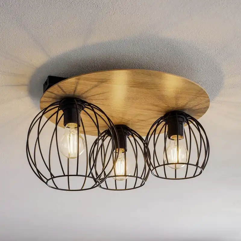 Plafondlamp Malin, houten kap rond, 3-lamps Betaalbaar