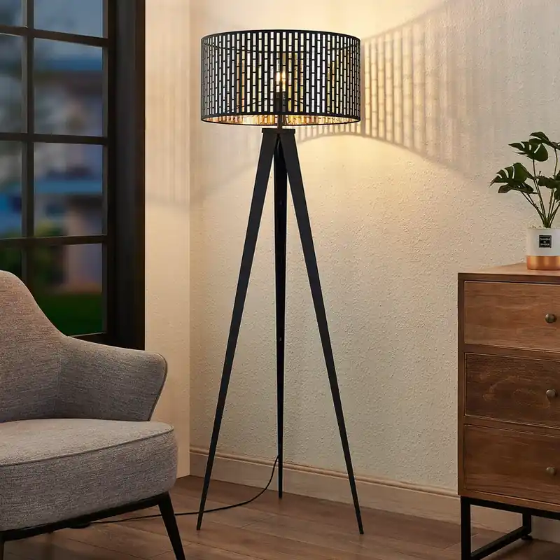 Bestel Nu Lindby vloerlamp Thoralf, driepoot, zwart, textiel, Ø50cm