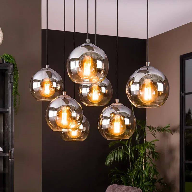 Bestel Nu Allessandra hanglamp, 7-lamps, Ø 18 cm, rookgrijs, glas