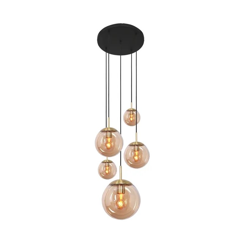 Shop Nu Glazen hanglamp glasbol, messing, 5-lamps